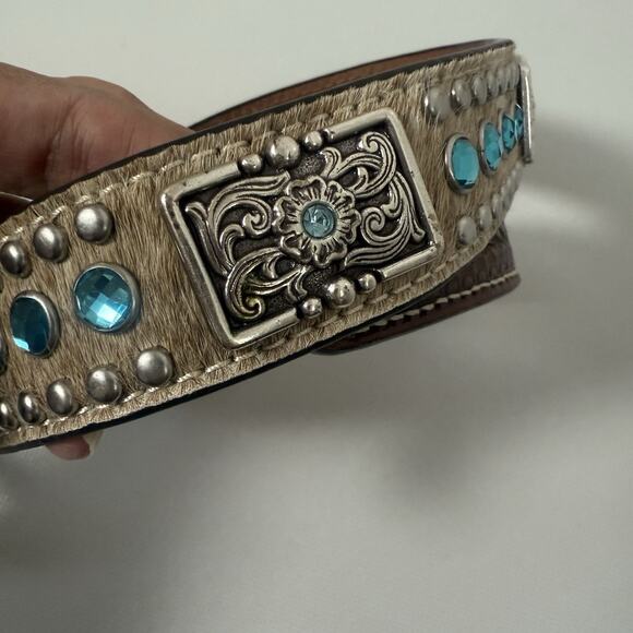 Nocona Women\'s Brown Western Belt Leather Rhinestone Horse Hair Studded Bling 26 main image 6